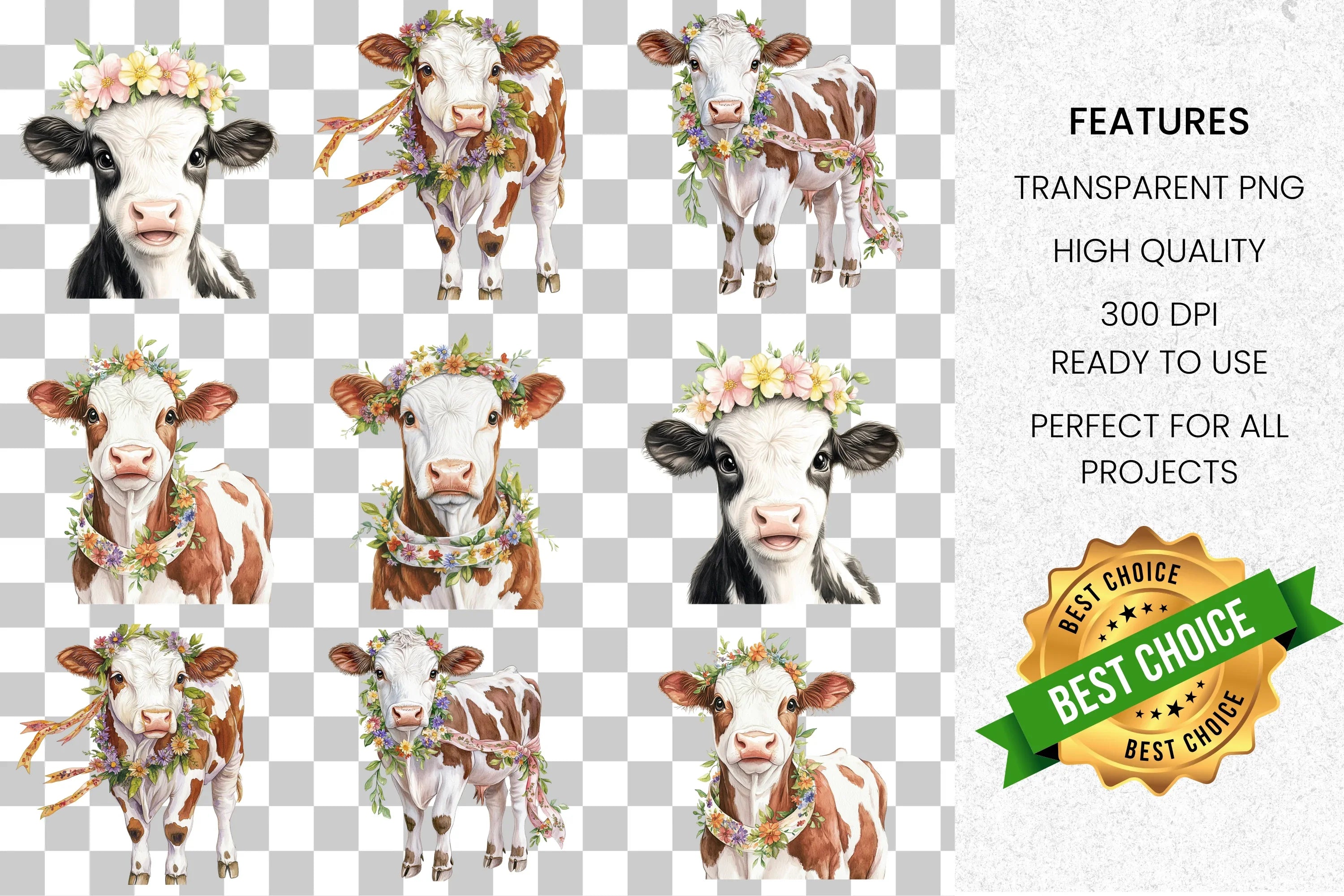 Adorable Floral Cow Clipart Bundle