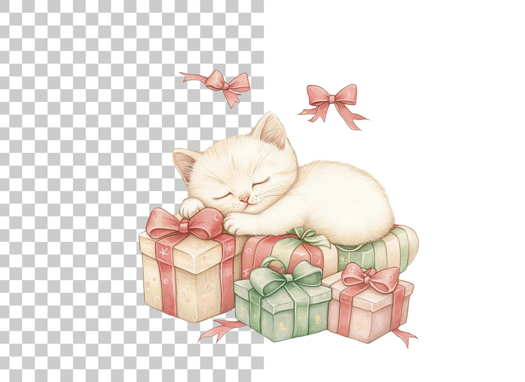 White Kitten Sleeping on Pink Gifts Clipart Bundle