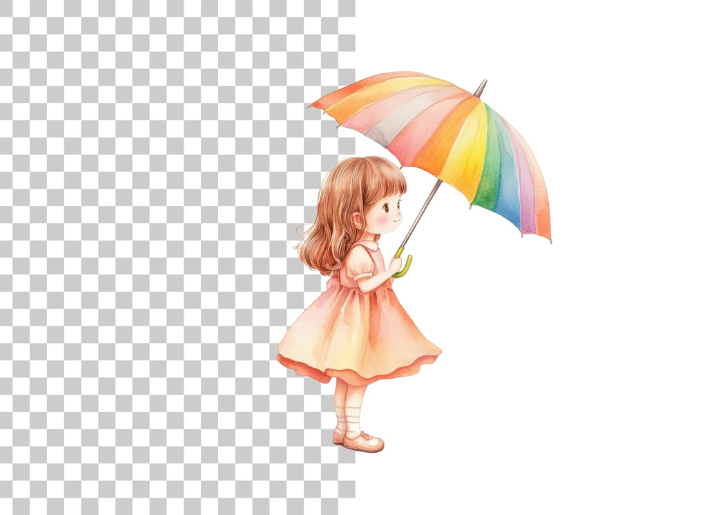 Girls with Rainbow Umbrella Clipart Bundle