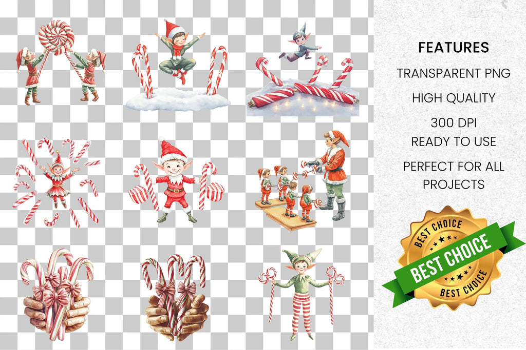 Christmas Elf with Candy Canes Clipart Bundle