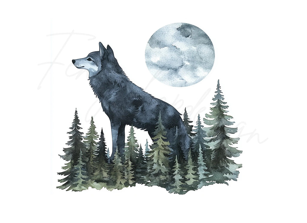 Majestic Wolf and Moon Forest Clipart Bundle