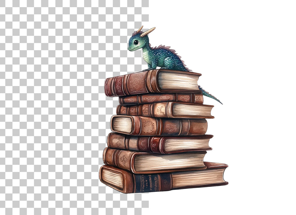Cute Baby Dragon on Books Clipart Bundle