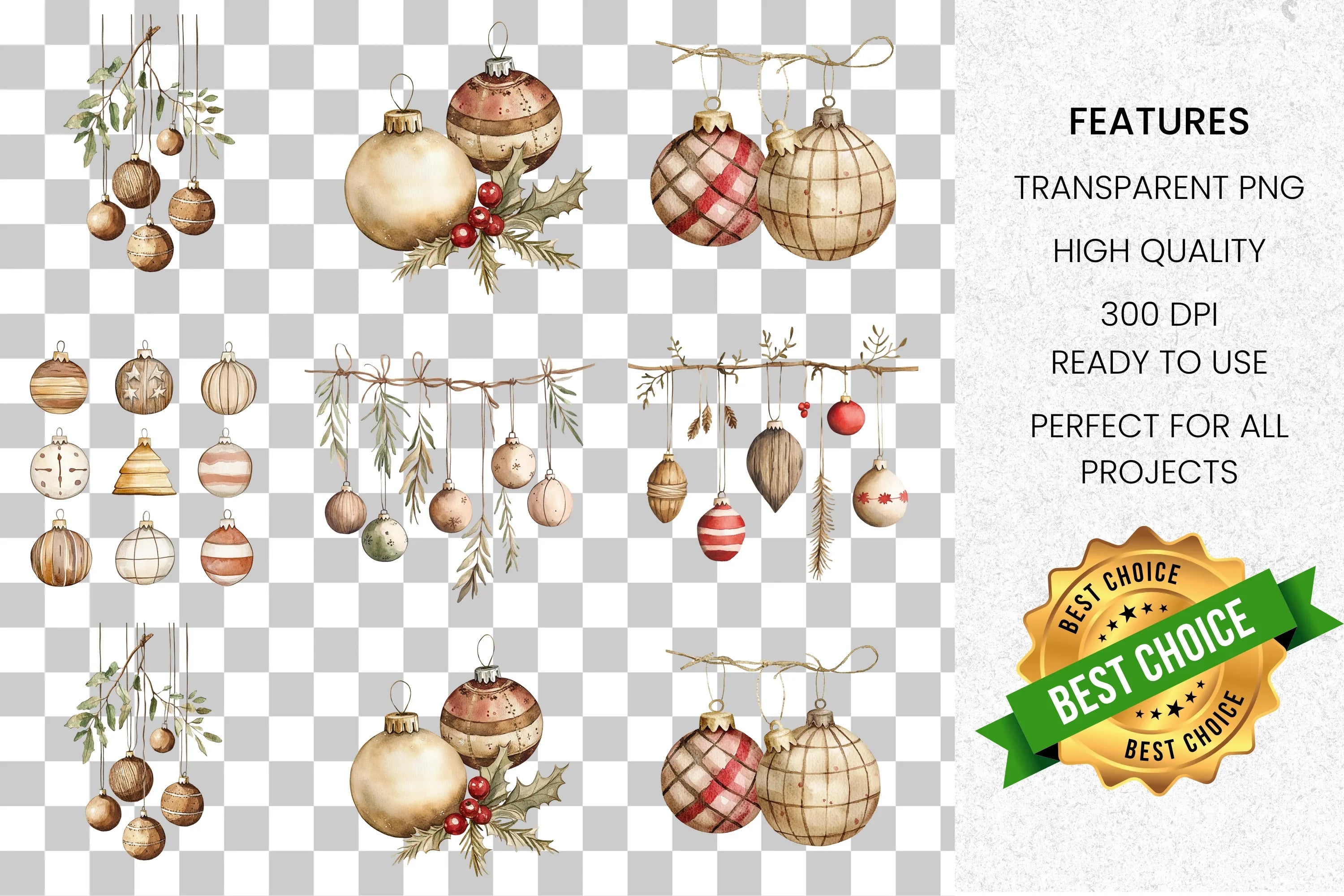 Rustic Christmas Ornaments Clipart Bundle