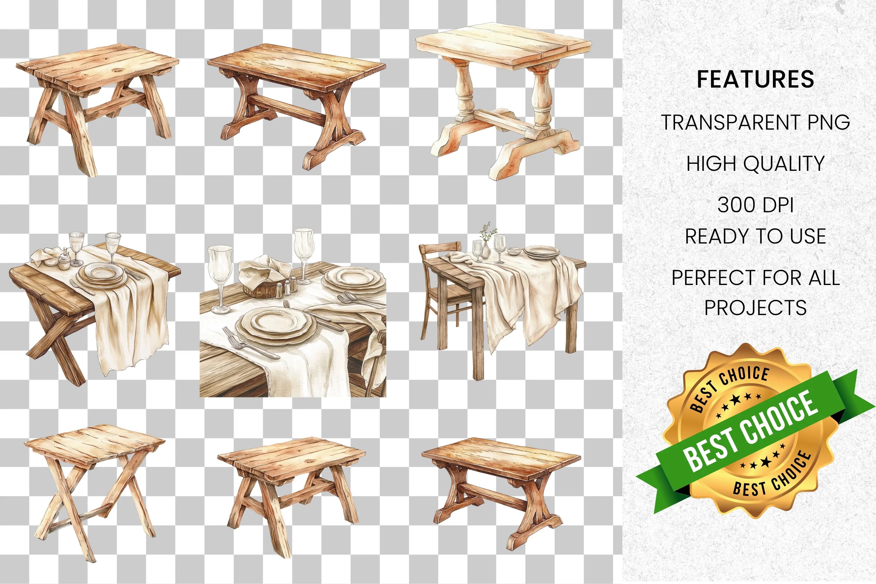 Rustic Wooden Tables Clipart Bundle