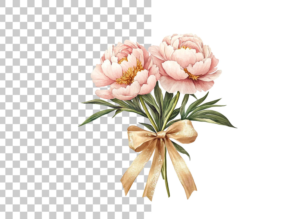 Pink Peony Bouquets with Gold Ribbons Clipart Bundle