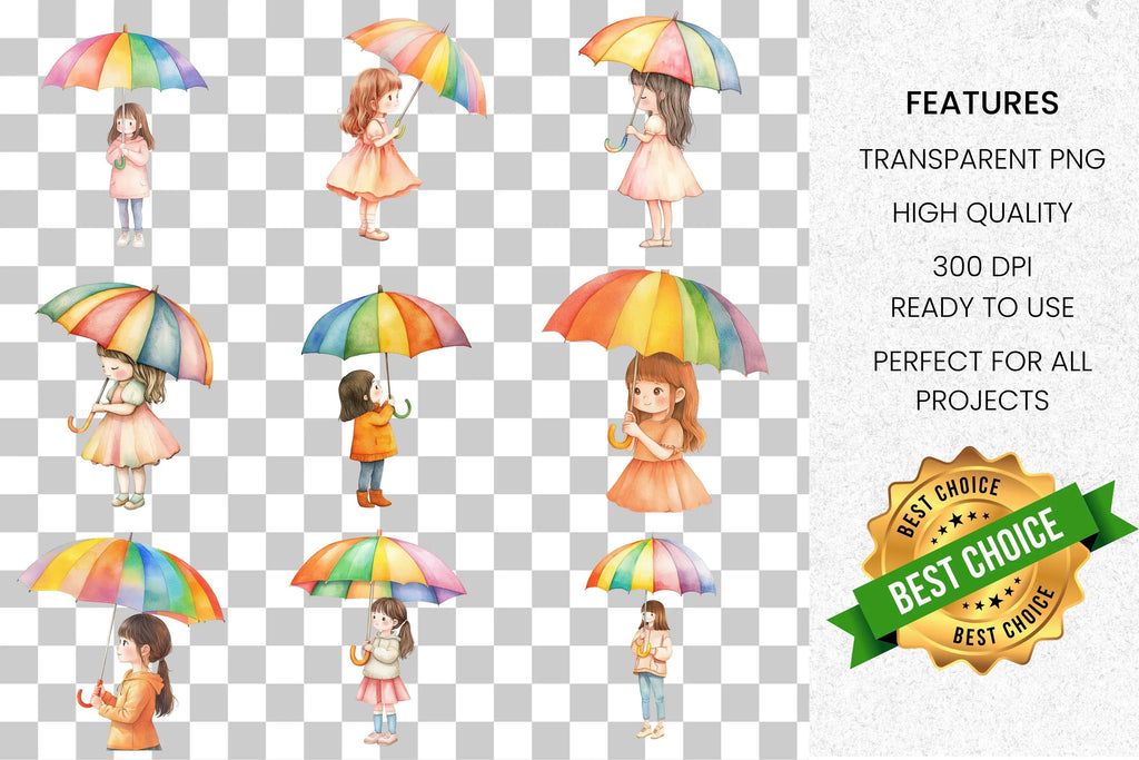 Cute Girls with Rainbow Umbrellas Clipart Bundle