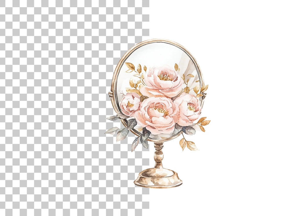 Vintage Mirror with Pink Roses Clipart Bundle