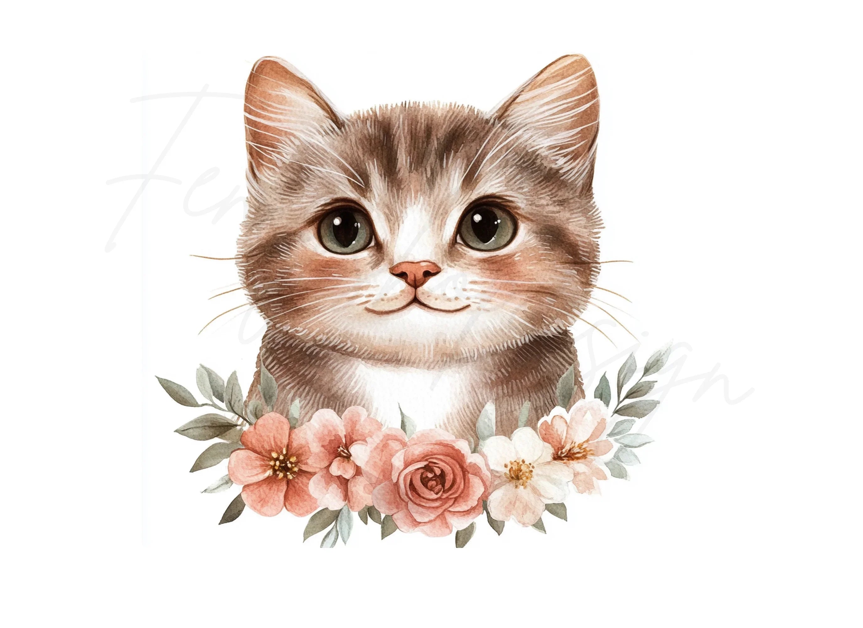 Sweet Kitten Face with Rose Wreath Clipart Bundle