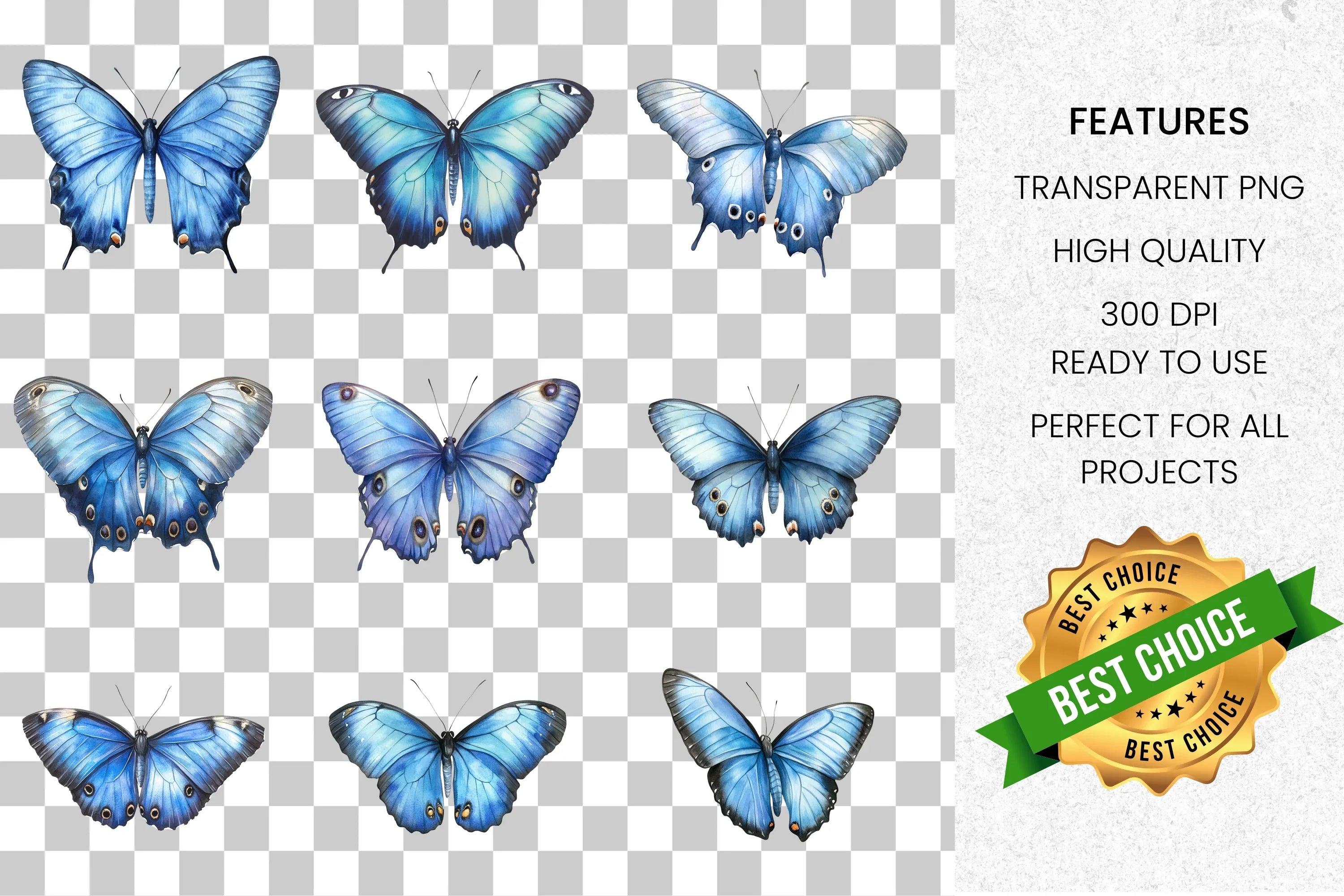 Delicate Blue Butterfly Clipart Bundle