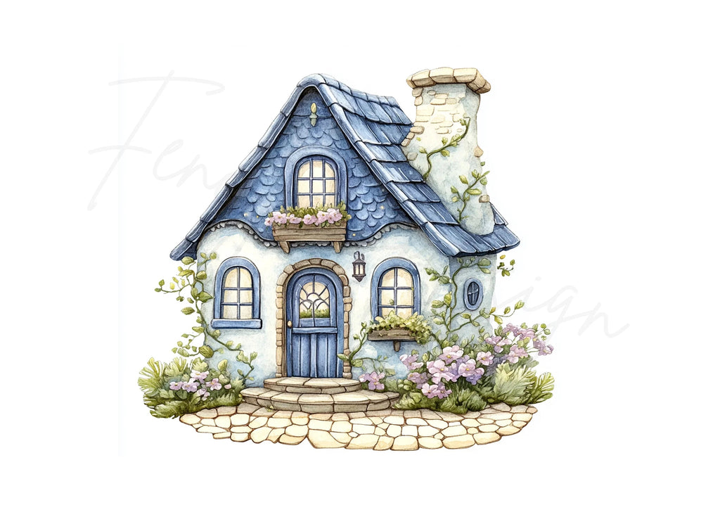 Charming Blue Roof Cottage Clipart Bundle