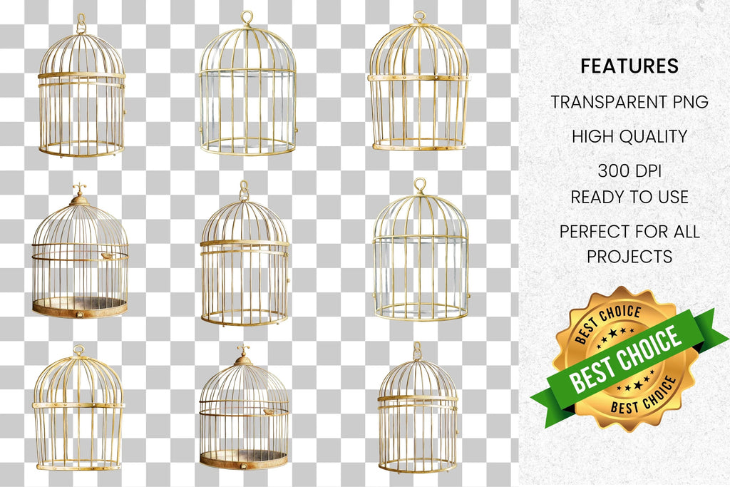 Elegant Golden Bird Cages Clipart Bundle