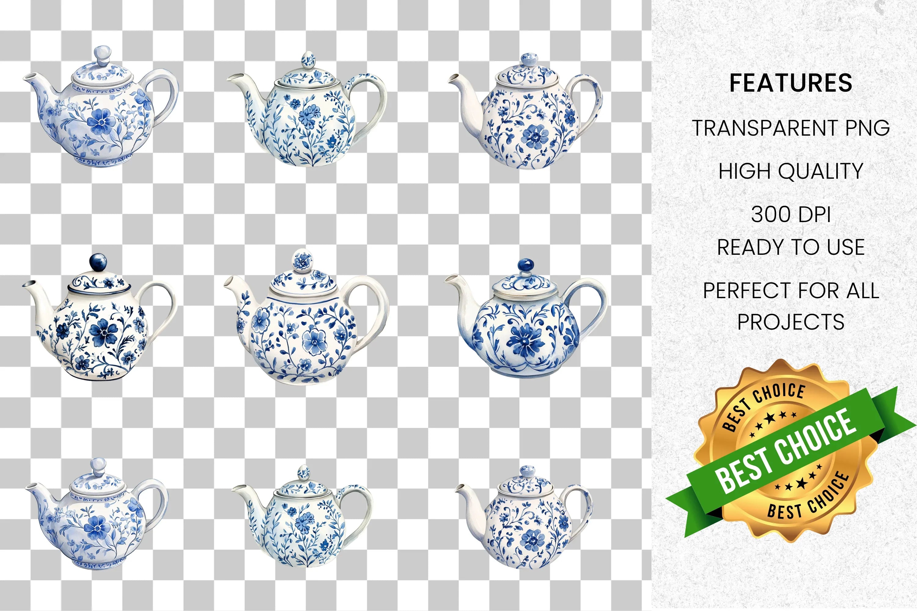 Blue White Floral Teapot Clipart Bundle