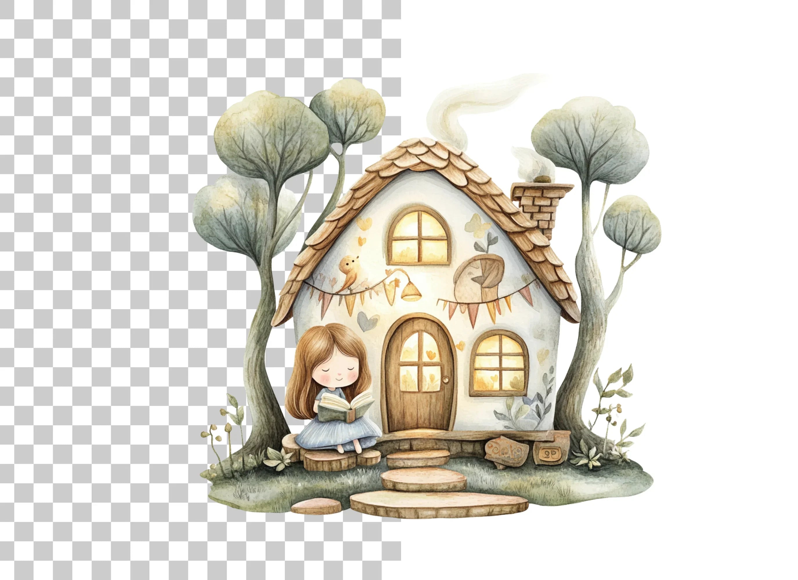 Cozy Cottage Girl Reading Clipart Bundle