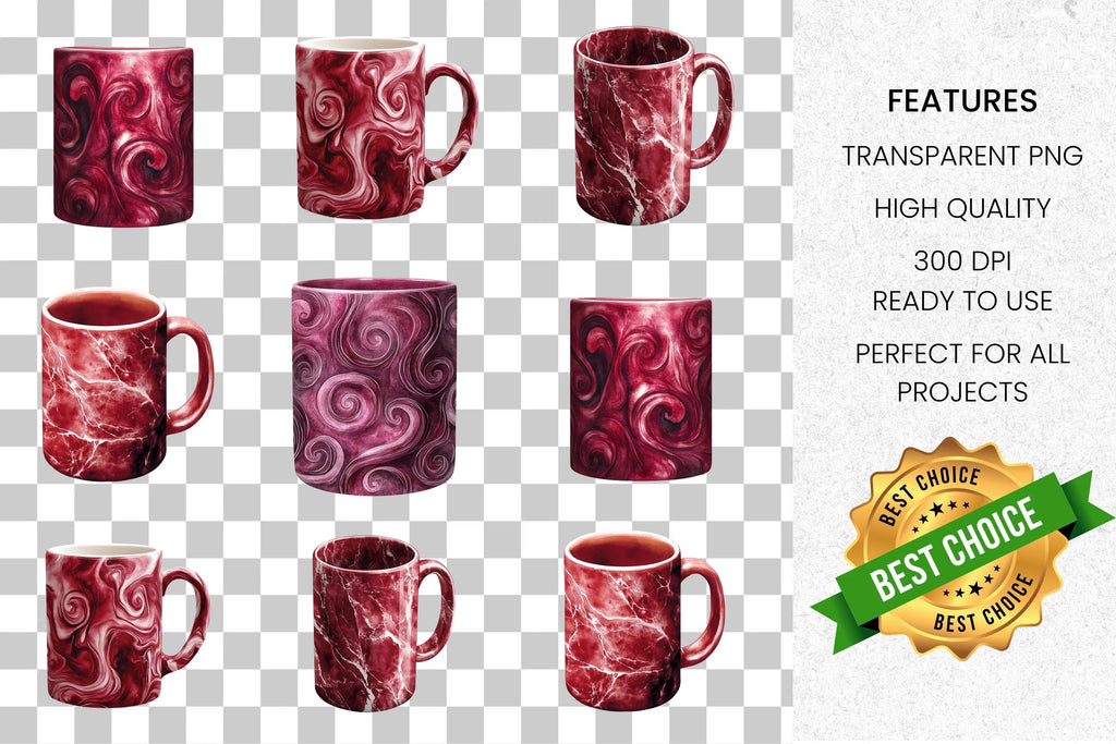 Red Marble Swirl Textured Mugs Clipart Bundle
