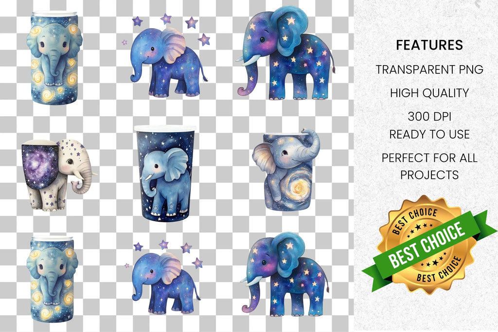 Blue Starry Elephant Jar Clipart Bundle