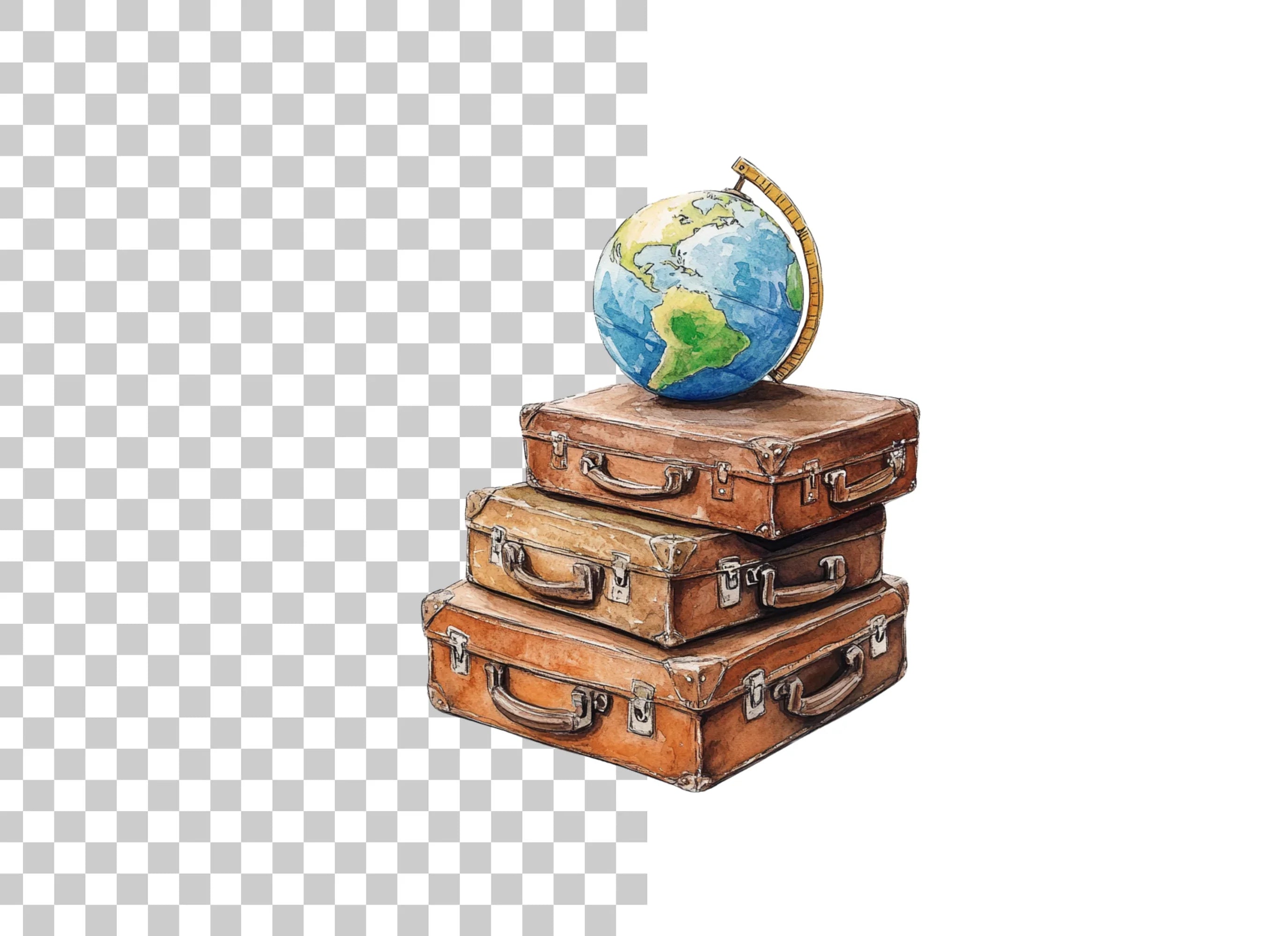 Vintage Travel Suitcases with Globe Clipart Bundle