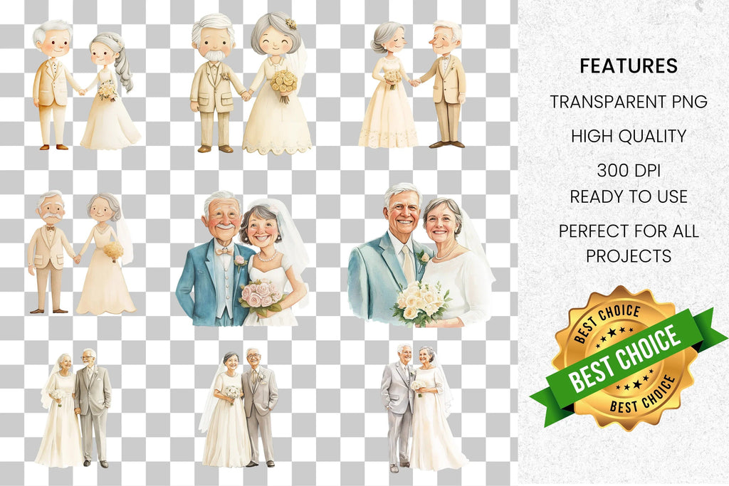 Sweet Elderly Couple Wedding Love Clipart Bundle