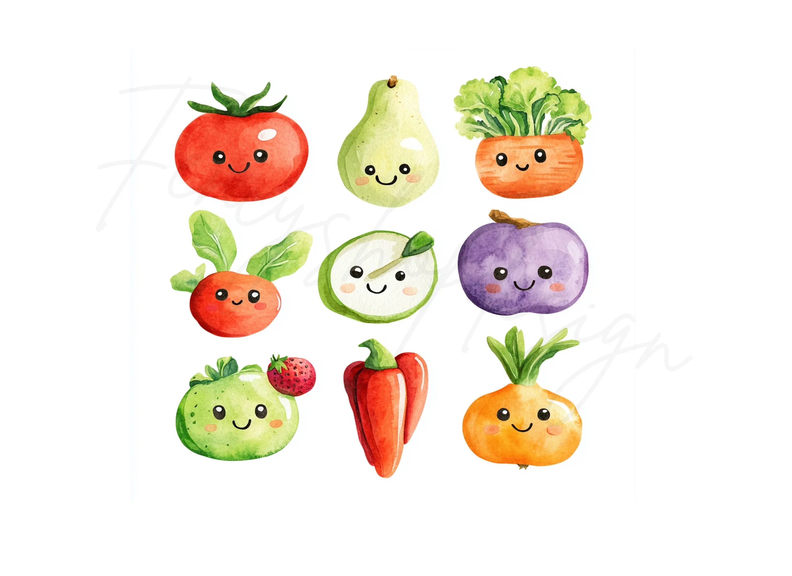 Cute Happy Fruits & Veggies Clipart Bundle