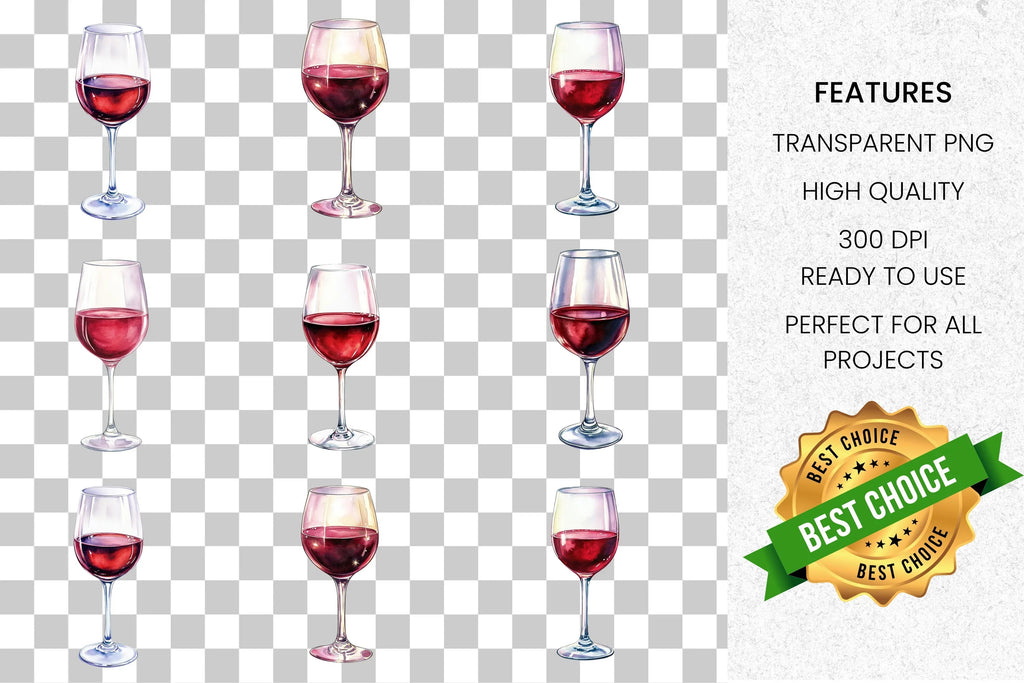 Red Wine Glasses Clipart Bundle