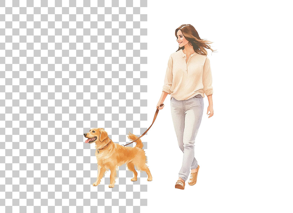 Happy Woman Walking Golden Retriever Clipart Bundle