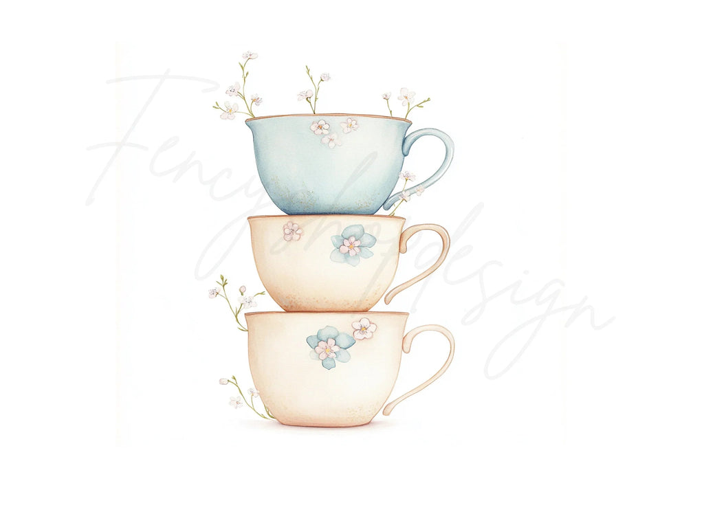 Stacked Pastel Teacups Clipart Bundle