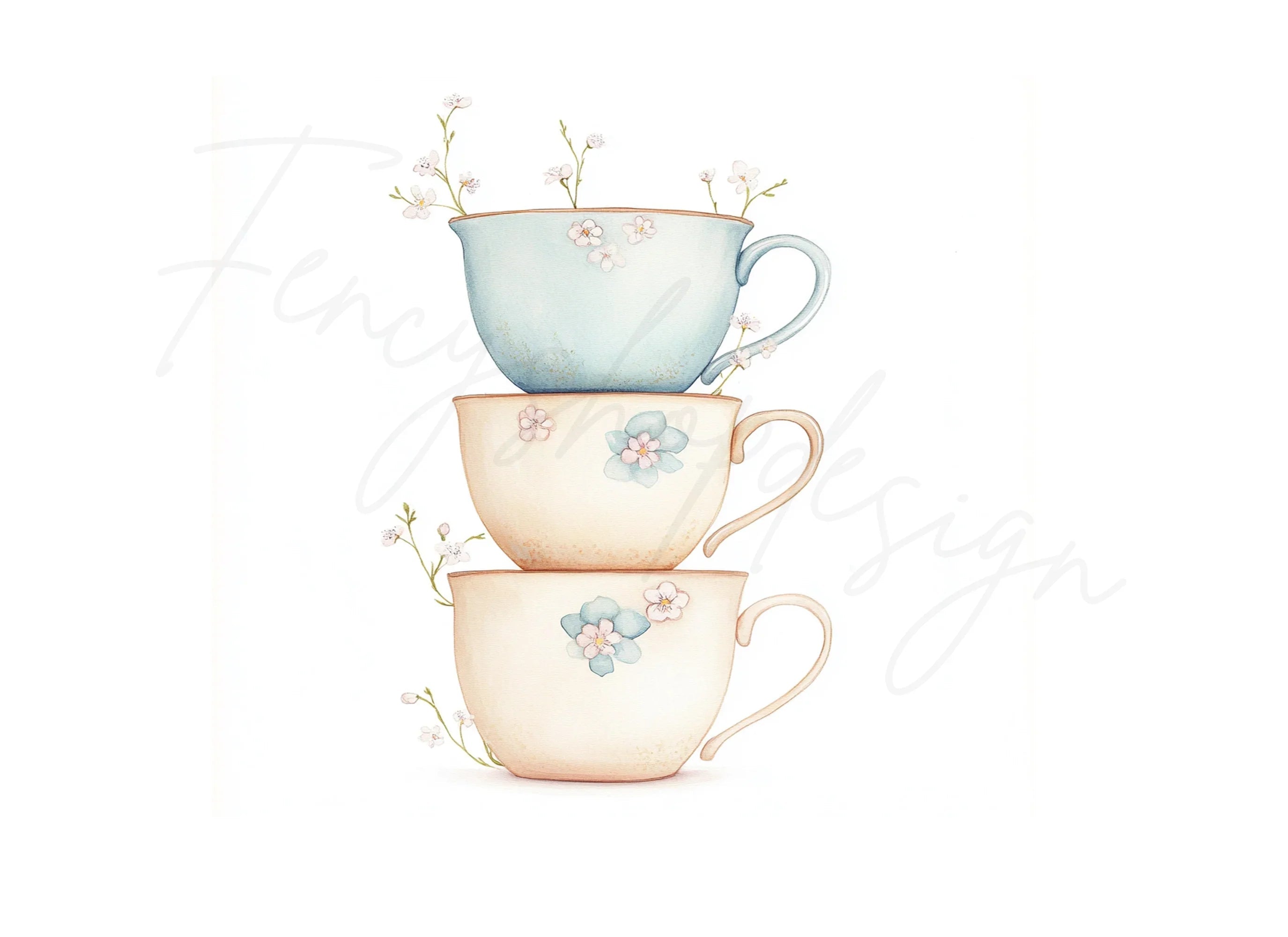 Stacked Pastel Teacups Clipart Bundle