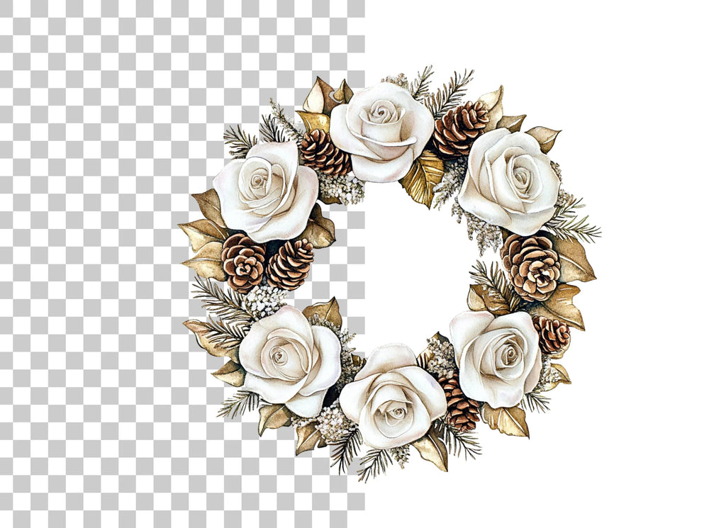 Elegant Winter White Rose Wreath Clipart Bundle