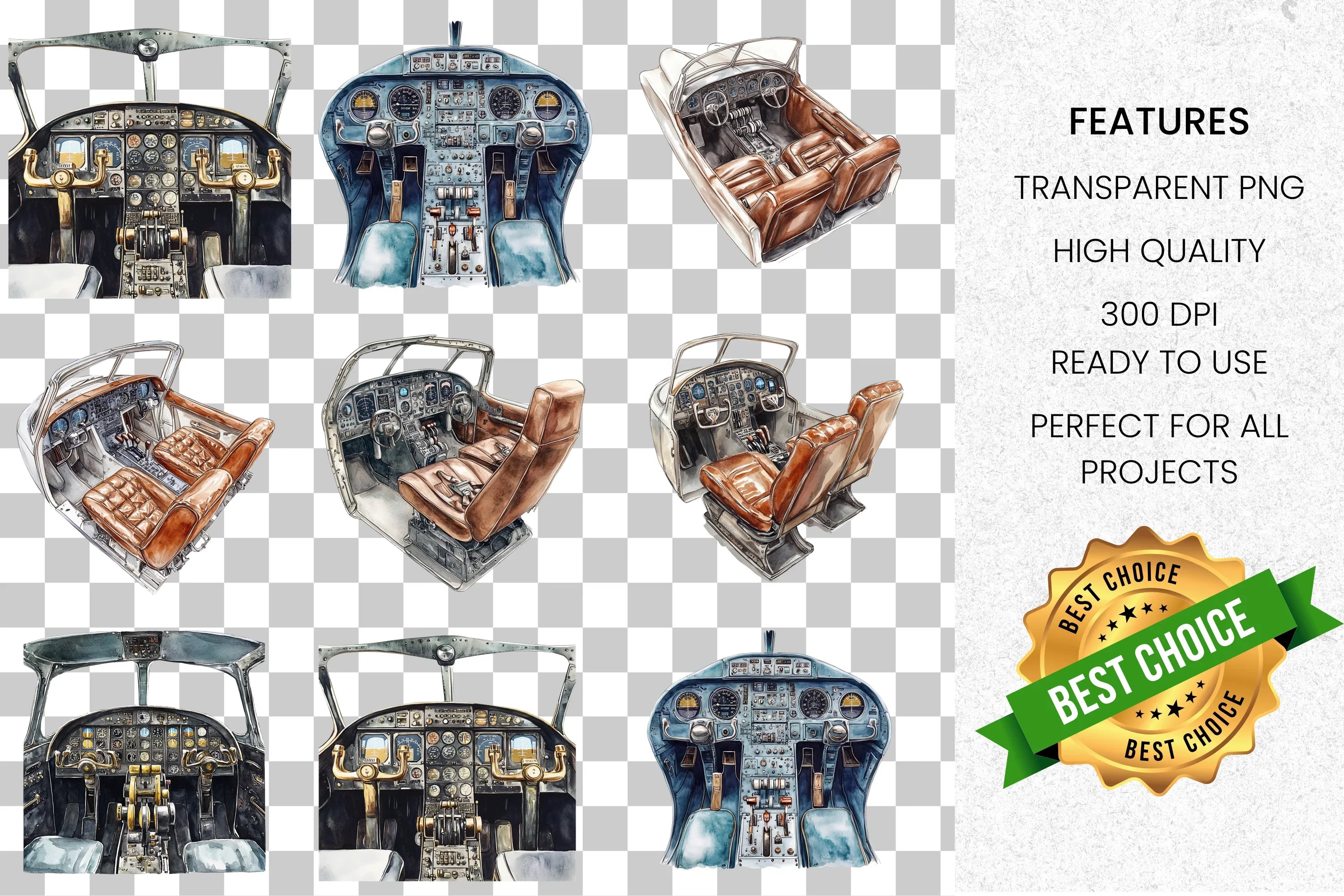 Detailed Airplane Cockpit Clipart Bundle