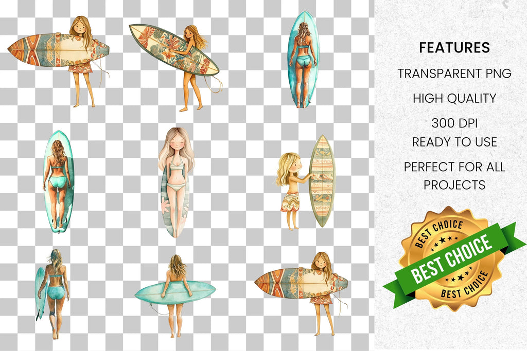 Boho Surfer Girls Clipart Bundle