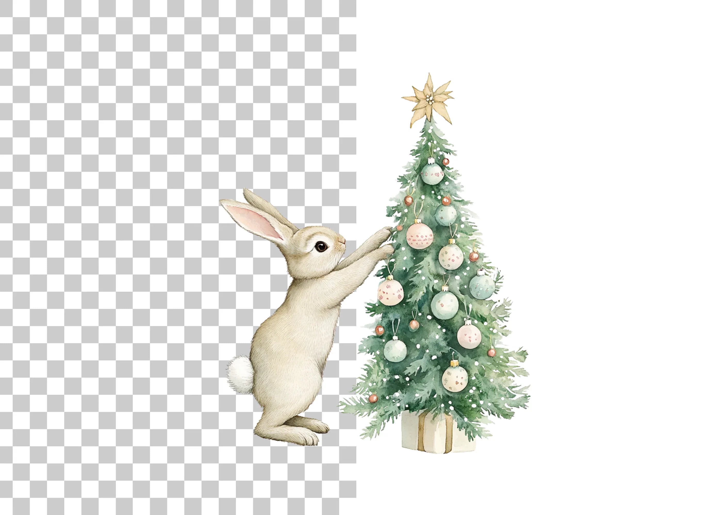 Brown Bunnies Decorating Christmas Tree Clipart Bundle