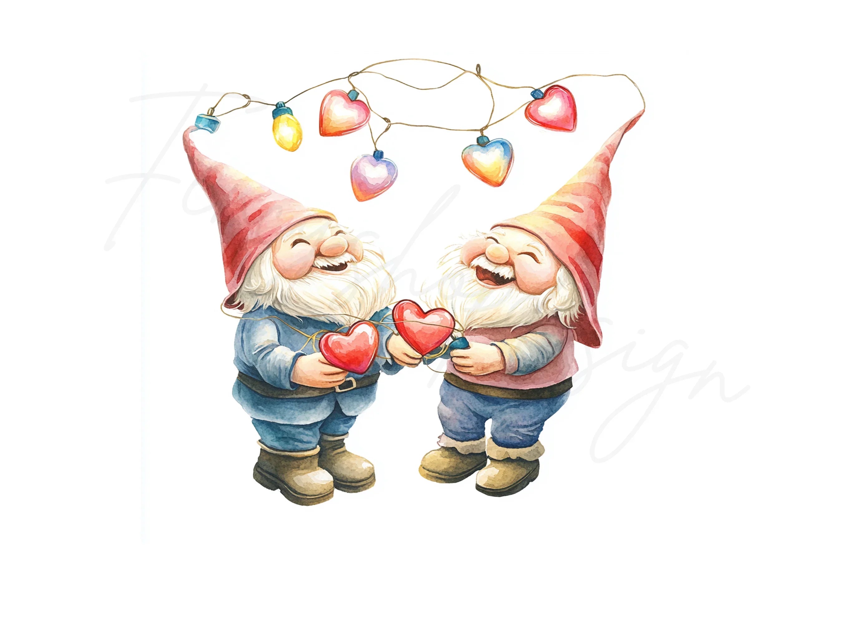 Happy Gnomes with Heart String Lights Clipart Bundle