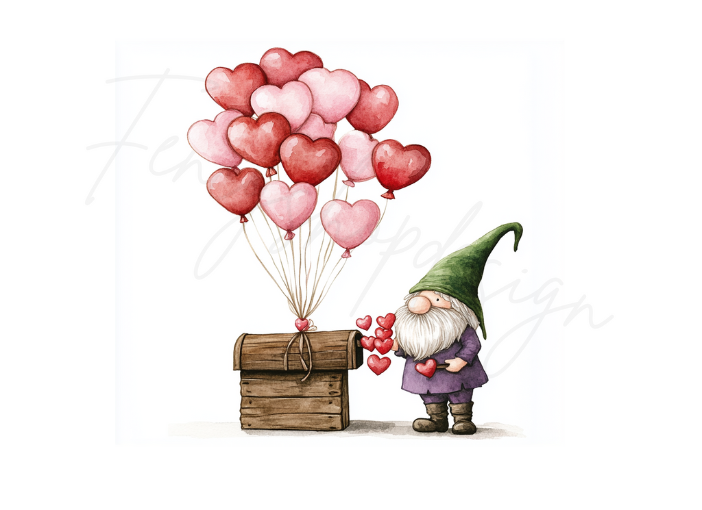 Valentine Gnomes with Heart Balloons Clipart Bundle
