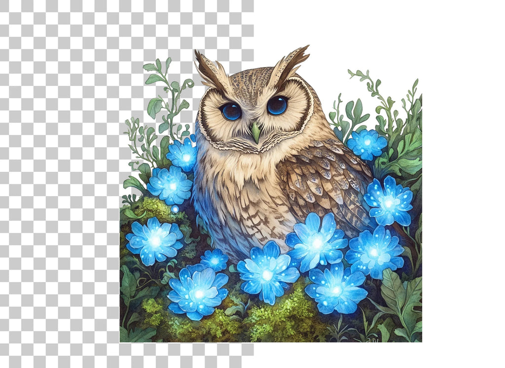 Enchanted Owl with Glowing Blue Flowers Clipart Bundle