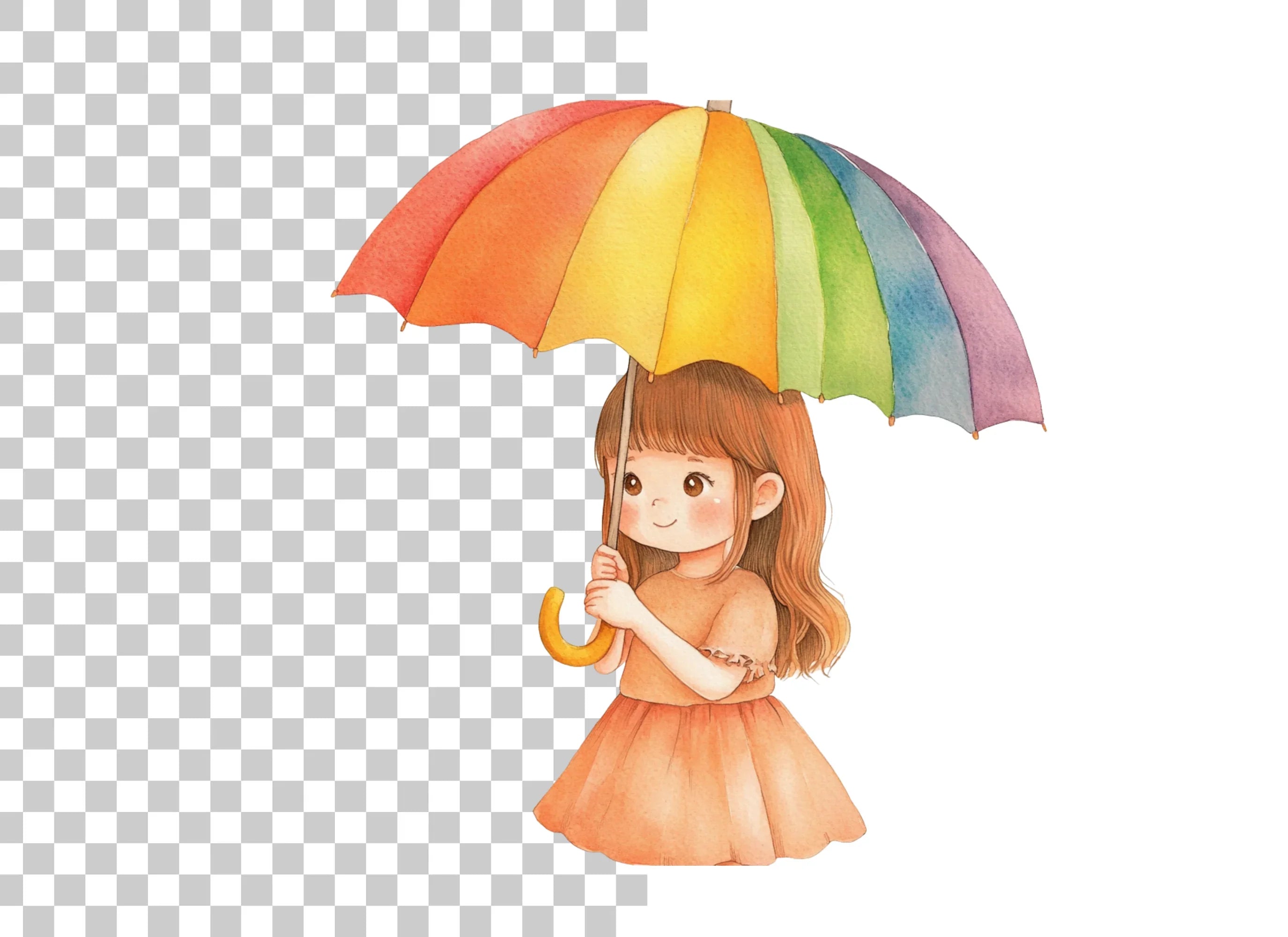 Cute Girl with Rainbow Umbrella Clipart Bundle