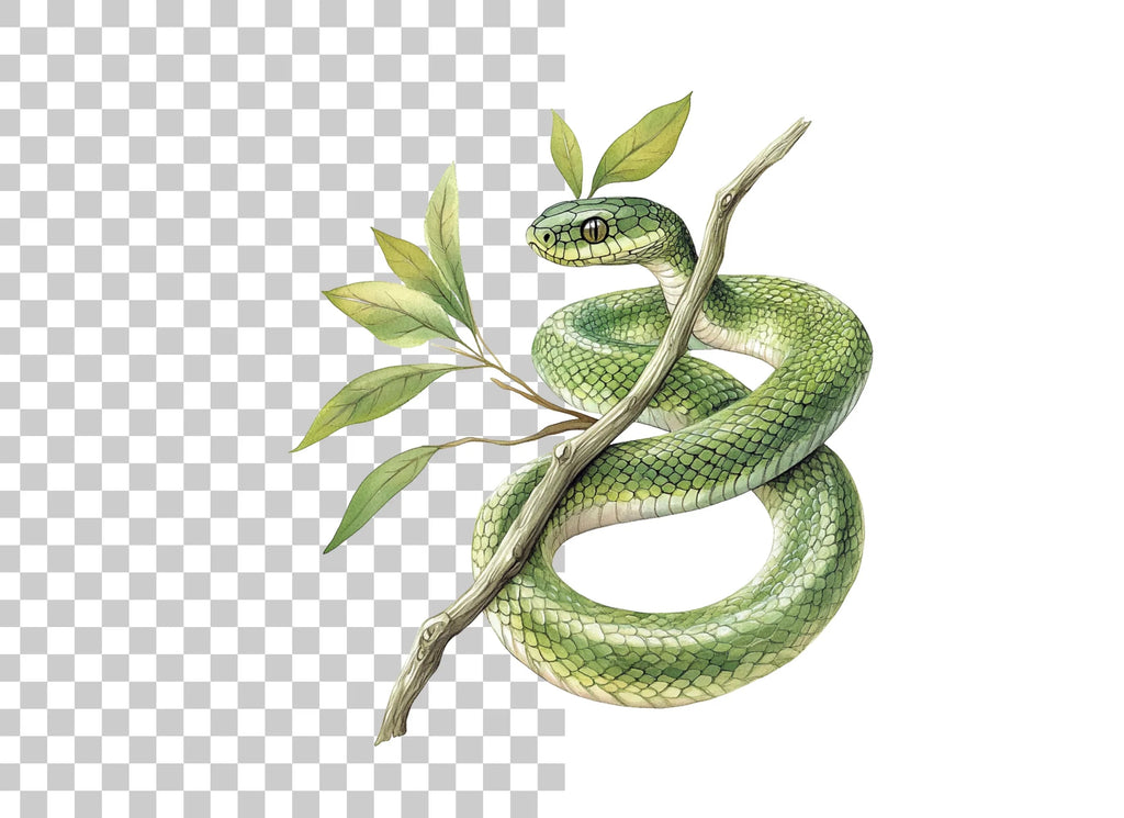 Vibrant Green Snake on Tree Branch Clipart Bundle