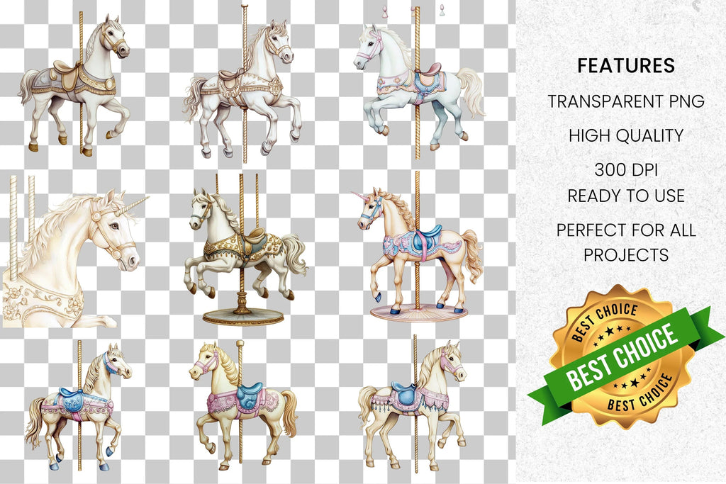Elegant Carousel Horse and Unicorn Clipart Bundle