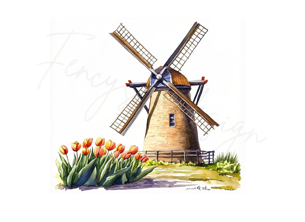 Rustic Windmill and Tulip Field Clipart Bundle