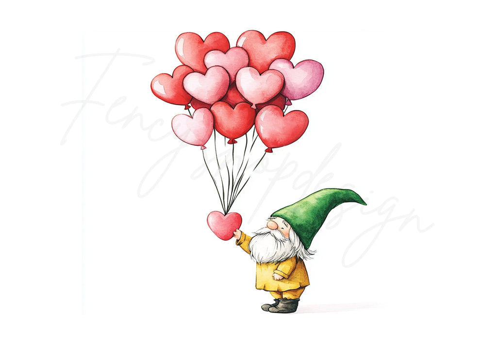 Cute Gnomes Holding Heart Balloons Clipart Bundle