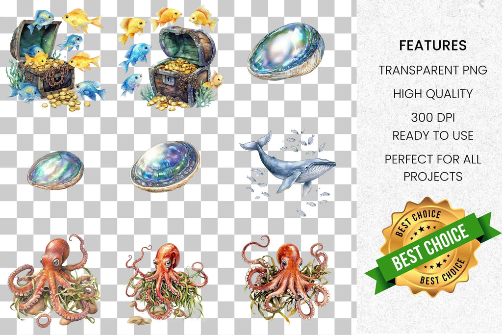 Ocean Life Creatures Treasure Clipart Bundle