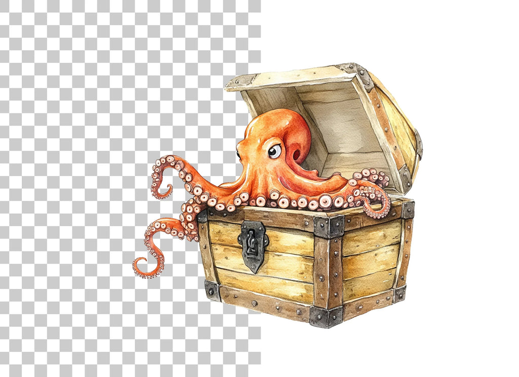 Cute Octopus in Treasure Chest Clipart Bundle