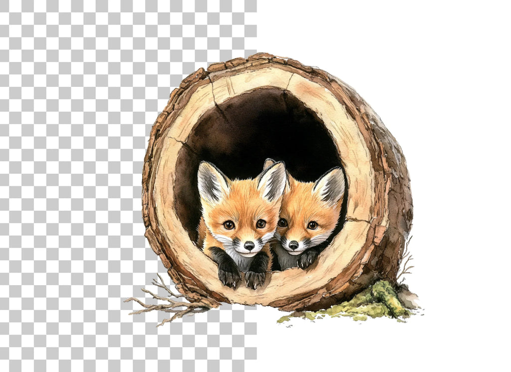 Baby Foxes in Log and Snow Clipart Bundle