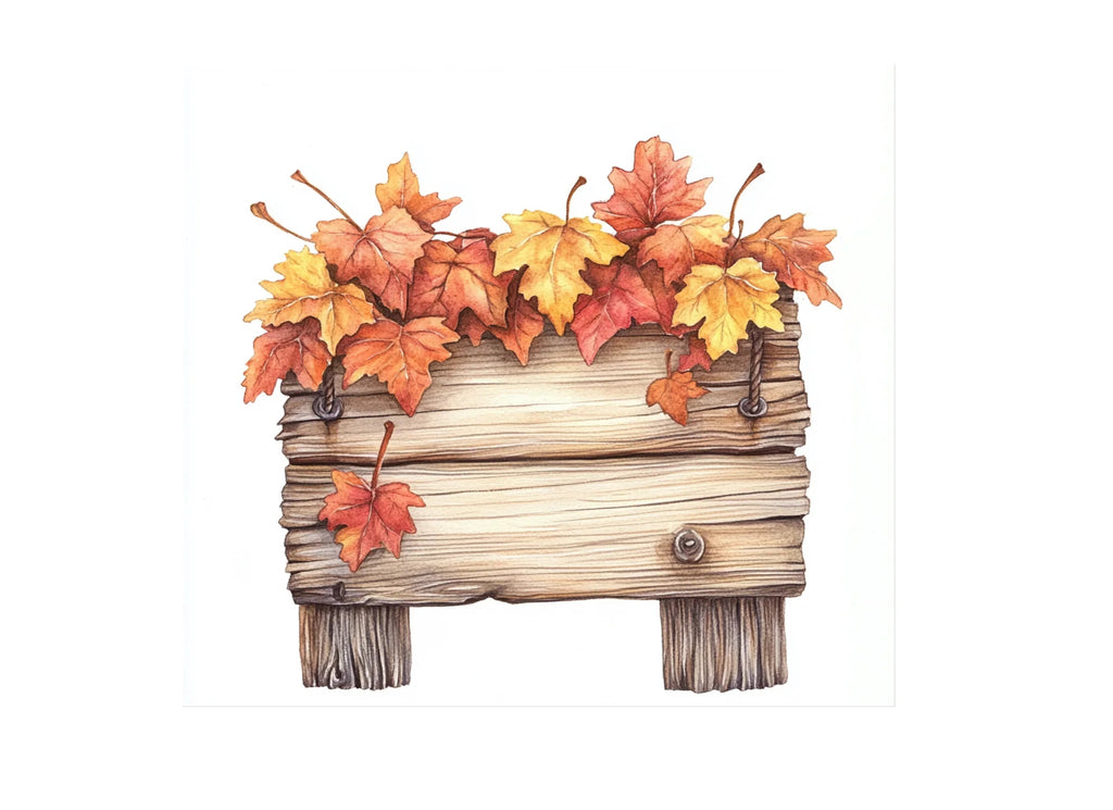 Autumn Wooden Signs with Fall Leaves Clipart Bundle