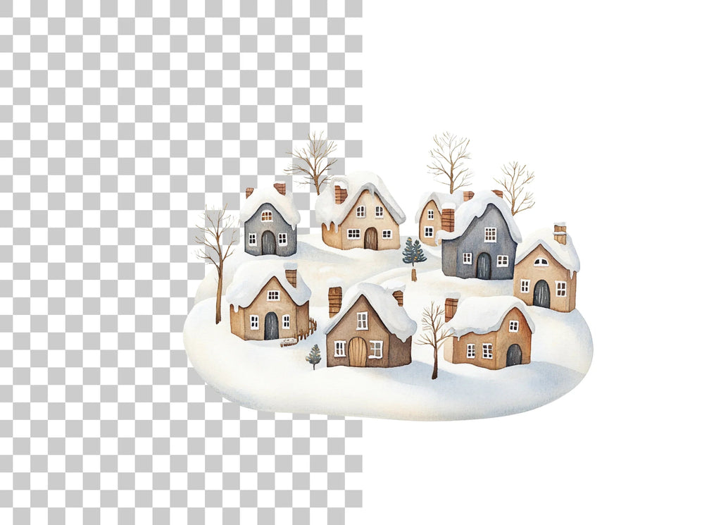 Snowy Village Landscape Clipart Bundle