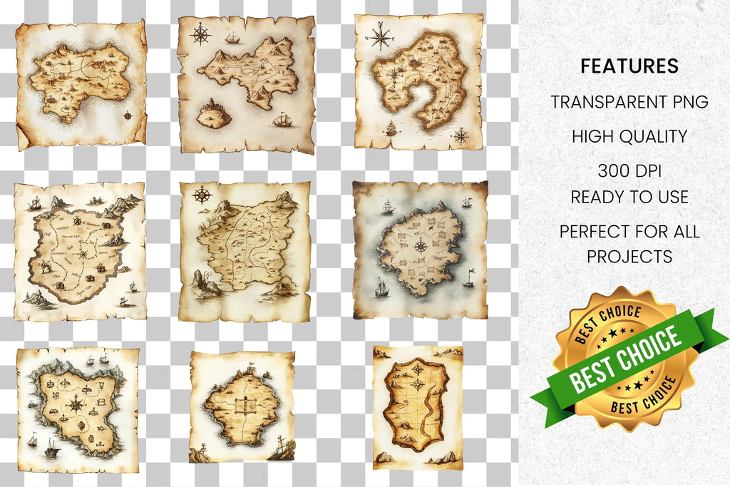Vintage Treasure Maps Clipart Bundle
