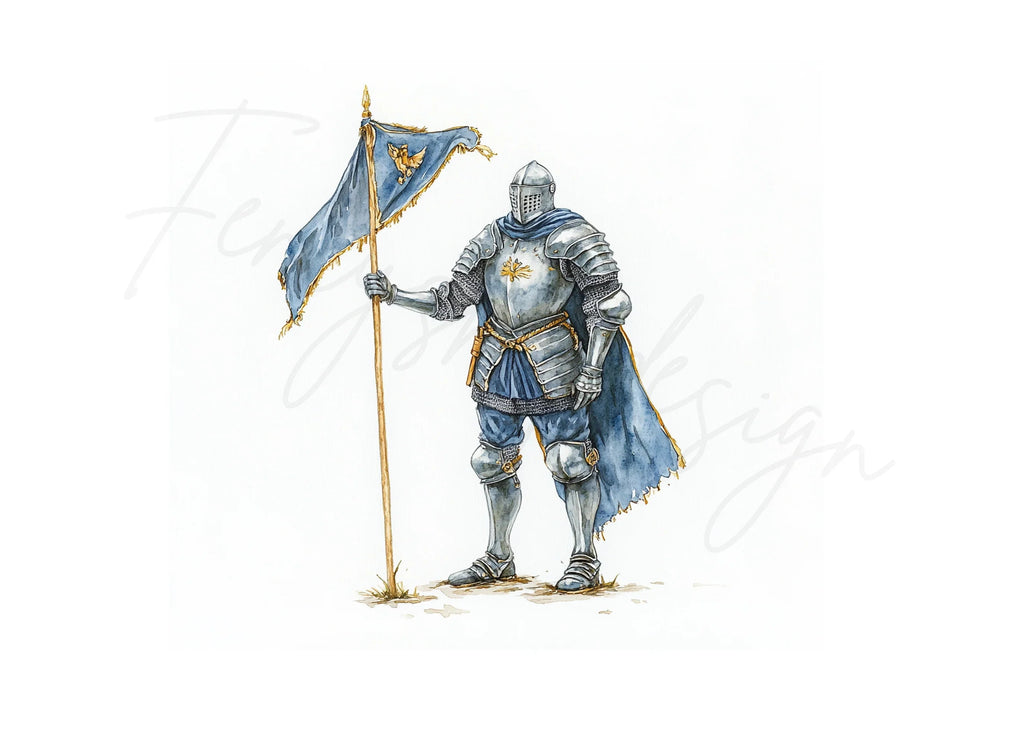 Medieval Knights with Blue Flags Clipart Bundle