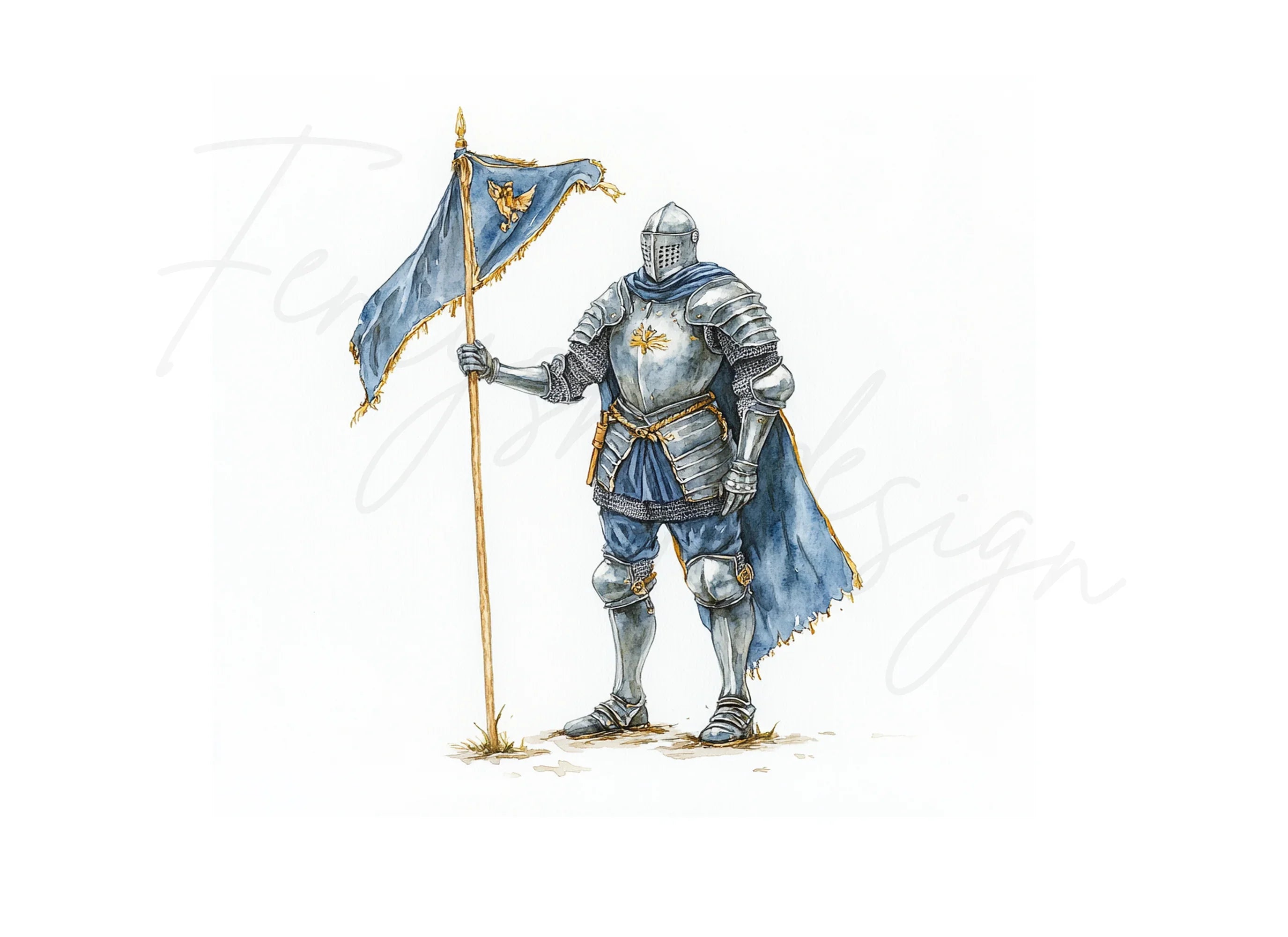 Medieval Knights with Blue Flags Clipart Bundle