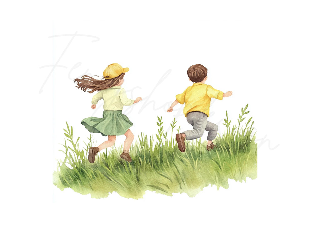 Kids Running in Field Clipart Bundle