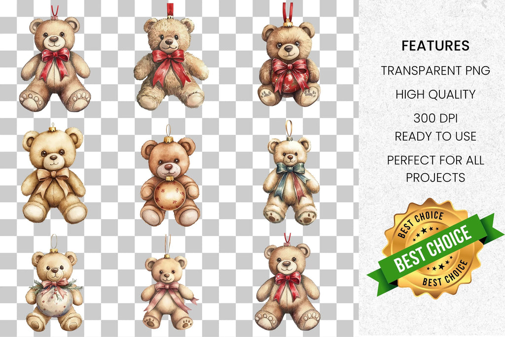 Teddy Bear Christmas Ornaments Clipart Bundle