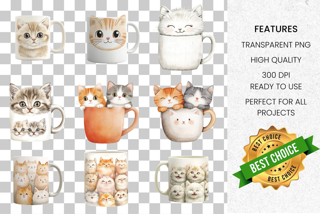 Cute Cats in Mugs Clipart Bundle