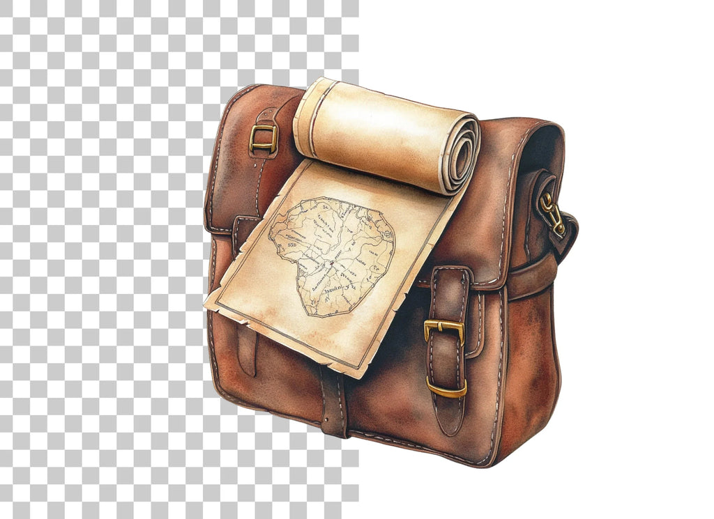 Vintage Leather Satchel with Old Maps Clipart Bundle